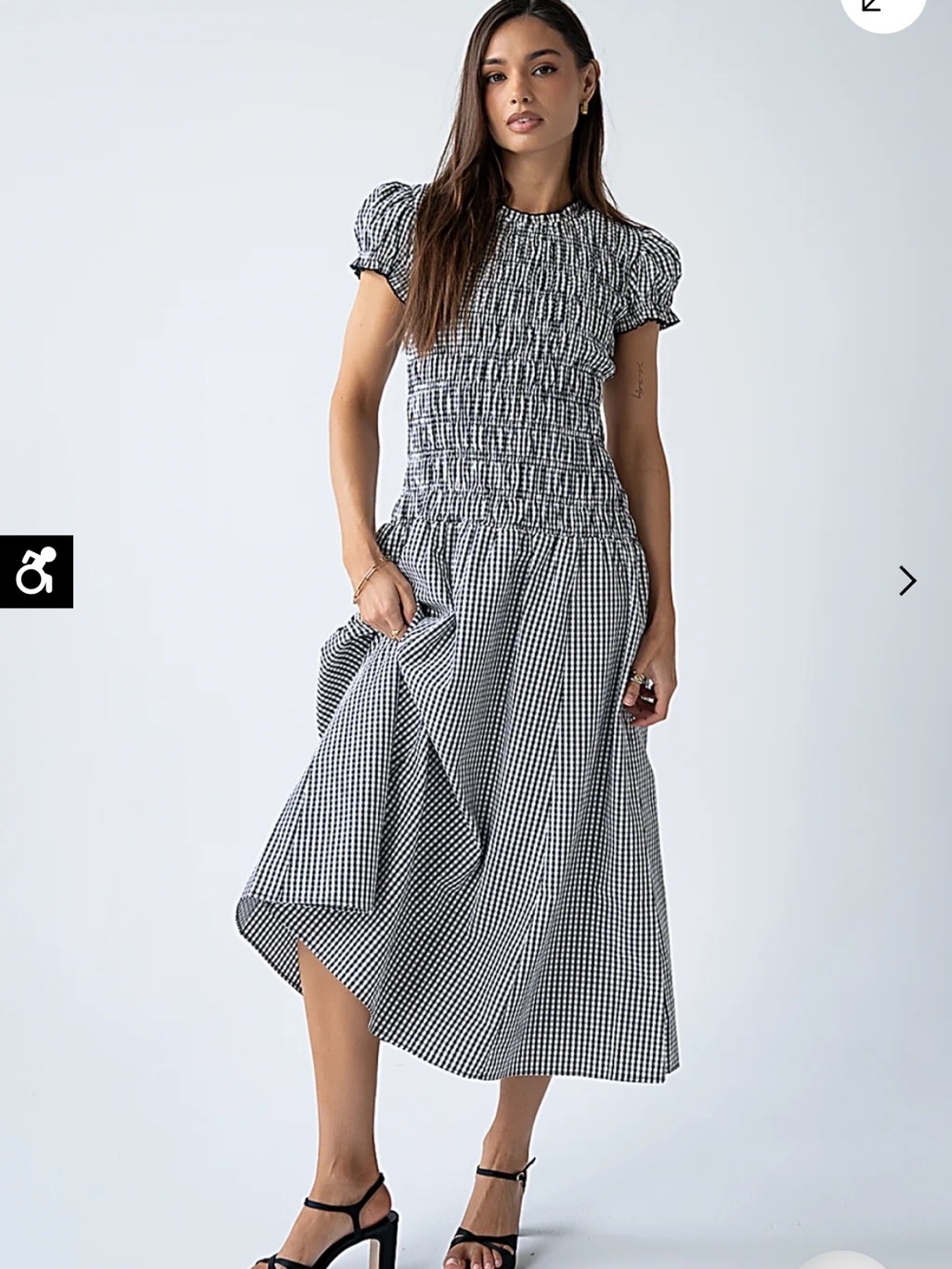 bohme Black and White Gingham Smocked Midi Dress